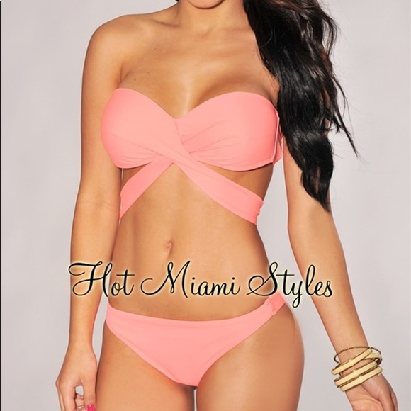 Hot Miami Styles Neon Coral Bikini Top & Bottom - Picture 2 of 3